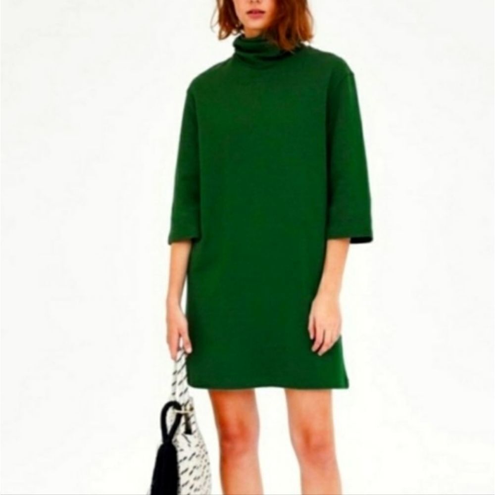 Zara New Hunter Green Knit 3/4 Sleeves Turtleneck Dress Sz S
